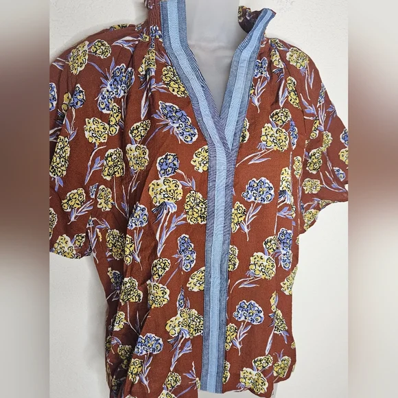 THML Boho Floral Coffee Brown Stripe Detail Ruffle High Neck Short Sleeve Top - Picture 4 of 9